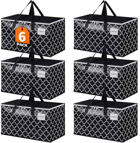 HomeHacks Heavy Duty Moving Bags with Tag Pockets, Collapsible Storage Totes for Moving, Camping & Travel -Foldable Packing Boxes, Zipper Handles, Black（6 Packs, 88L）