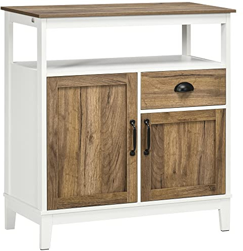 HOMCOM Credenza Mobile Cucina Stile Rustico, Organizzatore Cucina con Cassetto e 2 Ante, 76.6x 35x 81.5cm, Bianco e Marrone