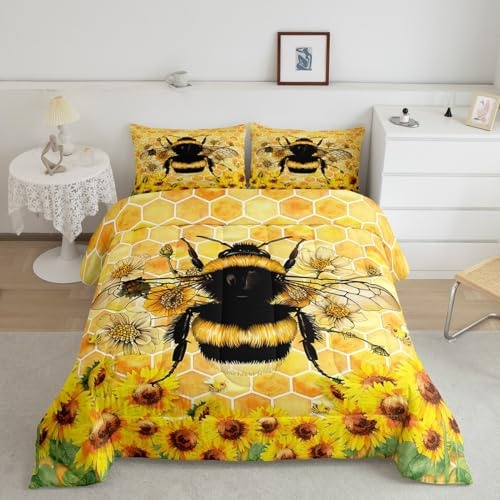 Castle Fairy 3D Yellow Bee Honeycomb Boys Kids Comforter Set Full Size,Rustic Farmhouse Duvet Set Room Decor,Sunflower Floral Plants Brushed Microfiber Soft Bedding Comforter