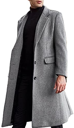 ECDAHICC Manteau en laine pour homme - Manteau décontracté coupe ajustée - Veste longue à col en encoche - Trench-coat à simple boutonnage - Veste d’extérieur chaude pour l’hiver, gris, XL