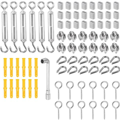 PATIKIL 6uds M5 Tensor Tensión con Ojo y Gancho, 12uds M3 Alambre Cuerda Cable Clips, 12uds M3 Dedal, 24uds Engaste Manguitos, 1/8 Pulgadas Inoxidable Acero Equipo