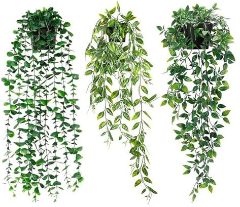 Lafecuw Artificial Hanging Plant, 3 Pack Fake Hanging Plants with Pot, Greenery Faux Fake Ivy Decor, Fake Ivy Potted Plants for Indoor Outdoor Home Decor Wall Room Patio Office Table Shelf