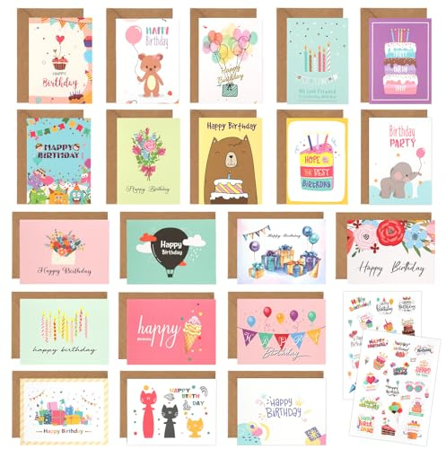 FAMCUCHE Lot De 20 Carte Anniversaire Avec 20 Enveloppes Supplémentaires Et 2 Autocollants, Carte D'snniversaire Pliable, Carte D Anniversaire De Qualité Supérieure, Pour La Famille Et Les Amis.