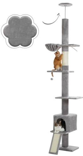 PAWZ Road Kratzbaum deckenhoch, Katzenbaum vom Boden bis zur Decke verstellbar, höhenverstellbar (216-273cm), Katzenturm mit Hängematte und Katzenhöhle, Anti-Sturzgurt Grau