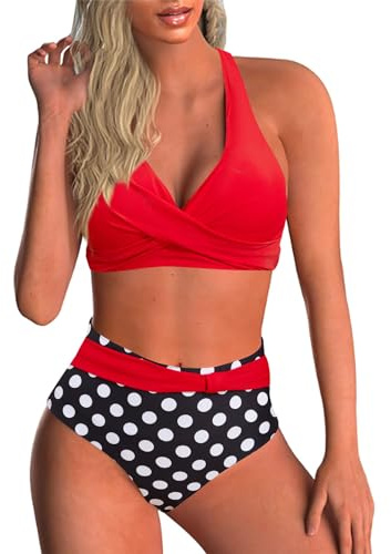 Baynetin Conjunto de Bikini Mujer Sexy de Dos Piezas Push Up Acolchado Retro Impreso Halter Backless Bikini Control de Vientre de Cintura Alta Traje de Baño (Puntos Rojos+Negros, M)