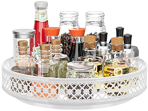 Roterbar Kryddhylla Lazy Susan - 360° roterande metallbricka Blommig Organisatör 28 cm för Köksförvaring Skåp Badrum Diskbänk Kylskåp Bord, Vit