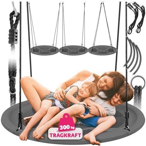 tectake® Large Nest Swing with Water-Repellent Textilene Cover, Height-Adjustable Ropes, 120kg Capacity, Padded Edge & Easy Maintenance - Round Garden Swing for Indoor & Outdoor Use - 100x100x180cm