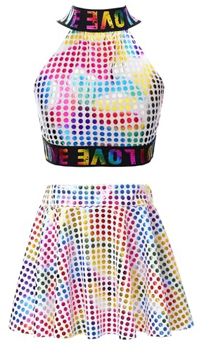 TiaoBug Enfant Fille Justaucorps de Gymnastique Paillette Robe de Danse Hip-Hop Jazz Crop Top et Jupe Courte Plissée Léotard de Danse Ballet Costume Spectacle 2-12 ans Coloré 3-4 ans