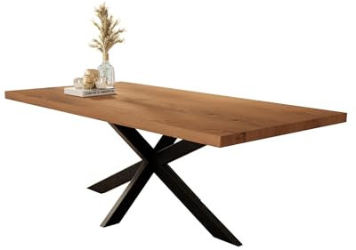 Liadomo Esstisch 160x85 Paris eichefarben, Tisch mit gerader Kante, Tanne Massivholz Tisch, 30mm Tischplatte geölt, Robust & Pflegeleicht, Unikat, Spider-Gestell Metall schwarz