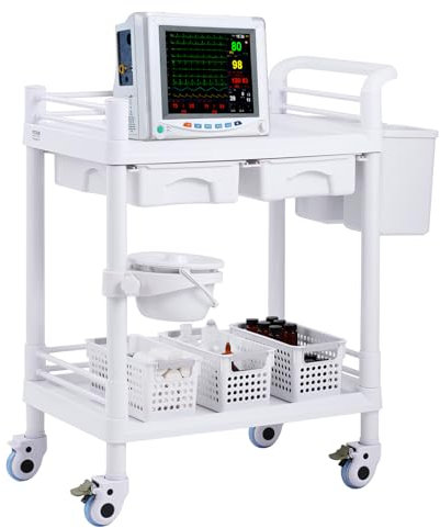 VEVOR Chariot de Laboratoire à 2 Niveaux, Chariot Médical Mobile avec 2 Tiroirs 2 Plateau et 4 Roues Silencieuses, Chariot de Soins avec Matériau PP, 3 Poubelles, pour Labo, Clinique, Hôpital, Salon