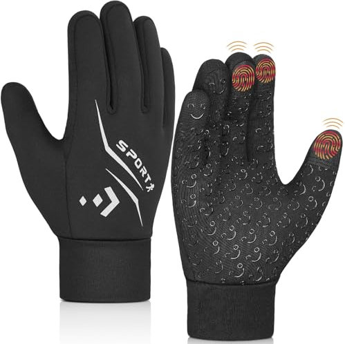 AOTOW Kinder Handschuhe Winter Fahrradhandschuhe - Warme Winddichte Fleece Touchscreen Winterhandschuhe Fahrrad Kinderhandschuhe Reithandschuhe mit Anti-Rutsch für 4-12 Jahre Jung Mädch Kind Schwarz