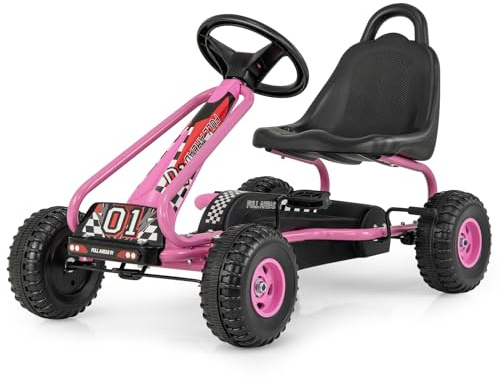 COSTWAY Go Kart a Pedali per Bambini, Go Kart Veicolo con Sedile Regolabile e Freno a Mano, per Bambini 3-6 Anni, Portata Massima 30 kg (Rosa)
