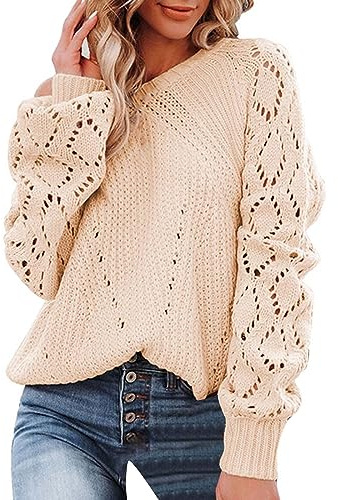 Pull Large Femme Col V Pull à col Rond en Dentelle au Crochet pour Femmes, Manches Longues, ajouré, Pull en torsadé, Hauts Pull Femme Mode (Beige, M)