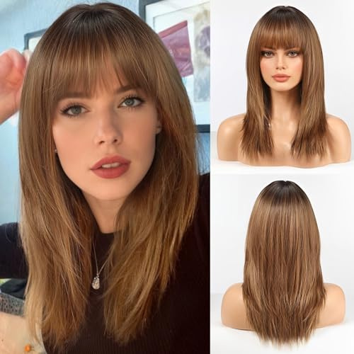 HAIRCUBE Peluca de tubo recto para mujeres, adecuada para la longitud de los hombros de las mujeres, peluca de color marrón oscuro, peluca sintética, con flequillo, juego de roles diario