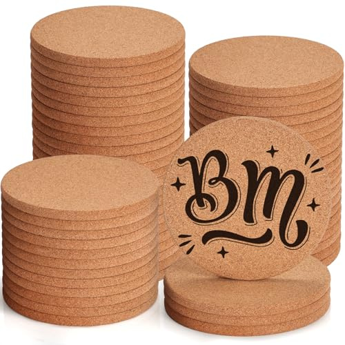60 PCS Cork Coasters for Laser Engraving, GOH DODD Thicken Absorbent Mats Blank Coasters Bulk Tabletop Protection Plant Saucers for Drinks Wood Burning Arts Crafts DIY Resin Gifts, 4 Inch, Round