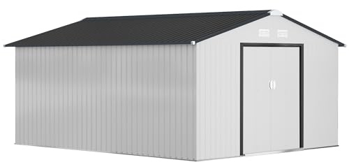 Outsunny Caseta de Jardín Exterior, 12,4 m² 340x386x200 cm Cobertizo de Jardín Exterior Metálico con Puertas Dobles con Cerradura Kit de Fundación y Ventilación para Almacenaje Bicicletas Blanco