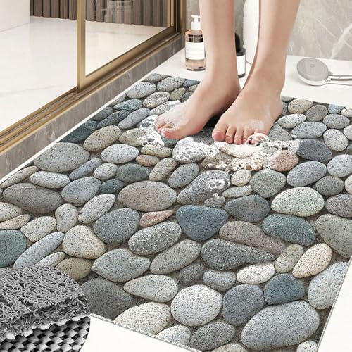Surwin Tappetino da Doccia Antiscivolo, Modelli di Piastrelle Tappetino da Bagno in Luffa PVC Morbida Tappeto Antiscivolo con Scarico Lavabile Asciugatura Rapida Doccia (Pietra,50x80cm)