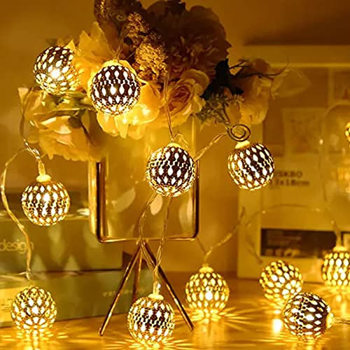 Cadena De Lámparas Esféricas LED, 6m 40LED Guirnalda de luces LED tipo globo funciona con pilas, para interiores, dormitorios, fiestas, cumpleaños, decoración de árbol de (Blanco cálido, Plateado)