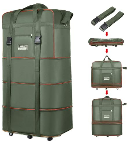 Expandable Large Capacity Travel Bag Oxford Cloth Duffel Bag with Wheels Lightweight Waterproof Travel Foldable Suitcase(ArmyGreen)