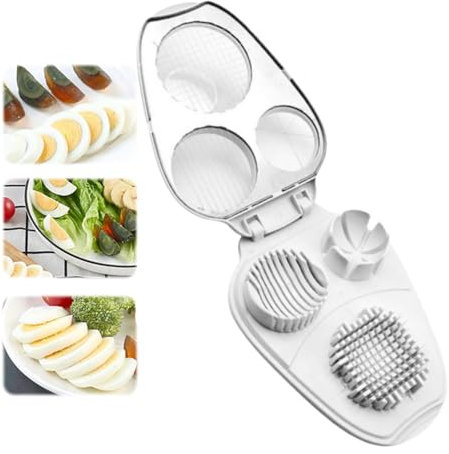 Trancheuse à œufs 3 en 1 en acier inoxydable pour œufs durs et fruits et légumes - Coupe-œuf multifonction avec couvercle - Passe au lave-vaisselle