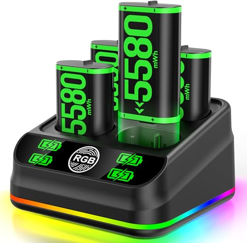 4-Pack 5580mWh Xbox Controller Battery with Battery Charger Station for Xbox One/Series S|X Controller, Xbox Rechargeable Battery Packs with RGB Lighting, Interactive Gaming Figures
