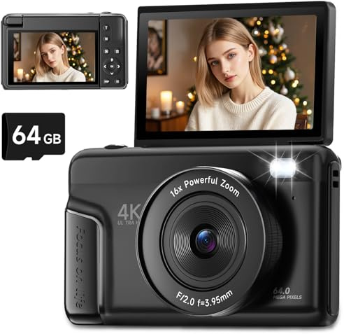 Cámara digital 4K para fotografía, enfoque automático, cámara de vlogging de 64 MP para YouTube con pantalla abatible de 3 pulgadas y 180°, zoom de 16X, cámara compacta de punto de viaje y disparo con