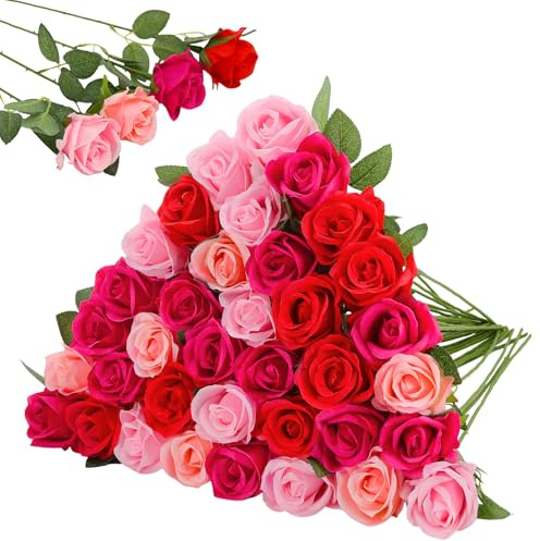 Xialvyu 36 Künstliche Rosen aus Seide Simulation 4 Stile künstliche Blumen für Hochzeitsdekoration Muttertagsgeschenk Familienfeiern Partydekoration (36 Stück)