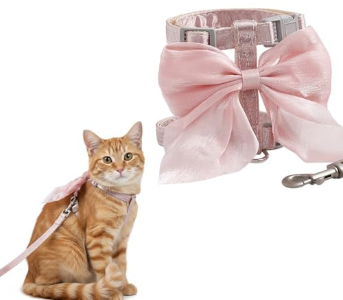 Katzengeschirr mit Leine Set, Katzenleine Ausbruchsicher, Verstellbare Geschirre Katzenleine mit Großem Schleifendekor, Katzenweste Sicher und Bequem für Katzen und Kleine Hunde (Rosa, S)