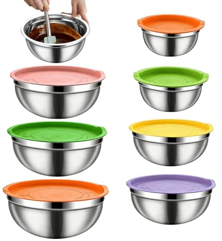 Ciotole per mescolare chef, ciotole in acciaio , con coperchi ermetici | 6 coperchi sigillanti annidati, insalatiera con fondo in silicone antiscivolo, insalatiera per salse, snack, uova