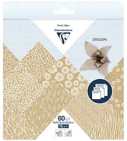 Clairefontaine 95355C - Packung mit 60 Blatt Origamipapier, in 3 Formaten (10x10 cm, 15x15 cm, 20x20 cm), Motiv sortiert, Kraft floral