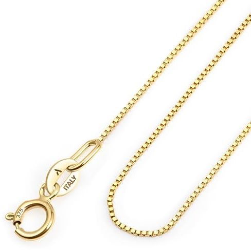 Amberta Allure Women 9 Ct Yellow Gold Chain Necklace: 0.5 mm Box Chain - 16 inch