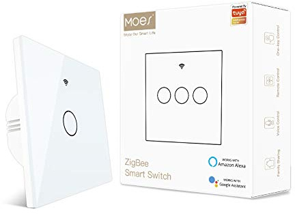 MOES Smart Switch, Benötigt Tuya ZigBee Hub, Kein Neutralleiter erforderlich, Kein Kondensator, Kompatibel mit Smart Life Tuya App Alexa Google Home, 1 Gang, Weiß