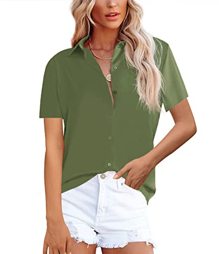 NONSAR Damblus, eleganta långa ärmar, skjortblus med ståkrage, kontorsblusar, lediga toppar, Armégrön kortärmad, XL