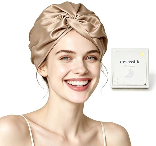 townssilk Bonnet de nuit 100% soie de mûrier pour femme, bonnet de nuit 16 momme en soie, bon pour les cheveux, protège les cheveux, bonnet de nuit en soie, double couche,coffee
