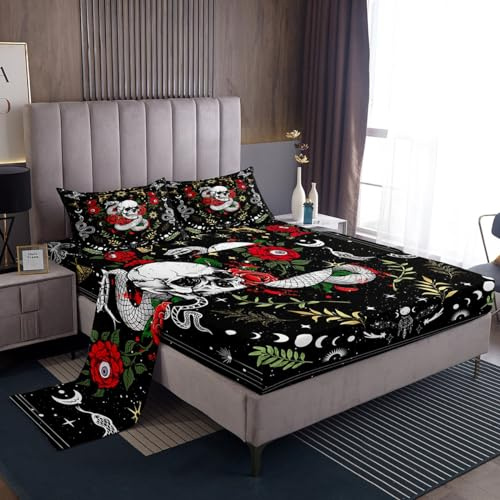 Castle Fairy Romantic Skeleton Snake Rose Bed Sheet Queen Size,Mysterious Halloween Theme Sheets,Bohemian Sun Moon Bedding Sets (1 Fitted,1 Flat,2 Pillowcases) Luxury Deep Pocket Bed Sheets