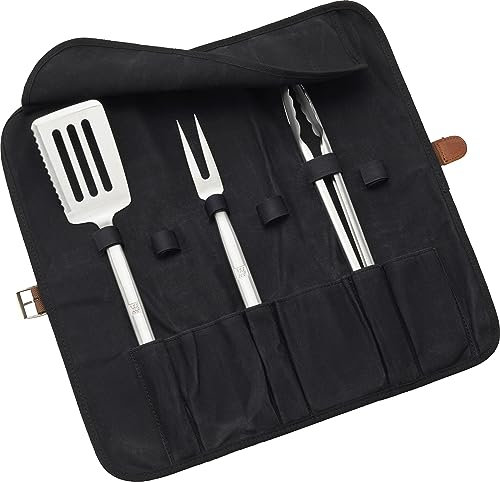 ZWILLING BBQ+ 4-teiliges Grillwerkzeug-Set, Grillzubehör, Grill-Geschenkset, Set inklusive Grillspatel, Grillzange, Grillgabel und Chef's Tool Wrap, Edelstahl, spülmaschinenfest