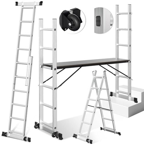 Daromigo Échelle multifonction 4 x 4, en aluminium, 4 en 1, pliante, mobile, échelle simple, plate-forme de travail, échelle multifonction, charge maximale 150 kg, argentée