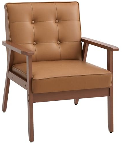 HOMCOM Armchair PU Leather Accent Chair Rubber Wood Frame Brown | Living Room, Reception, Bedroom, Balcony