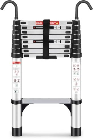 Wolec Telescoping Ladder, 8.5FT Aluminum Lightweight Portable Telescopic Ladder with Hook, Stabilizers & Wheels, Heavy Duty 330lbs Max Capacity, Extension Ladder for Roofs, RVs, Outdoor-Sliver