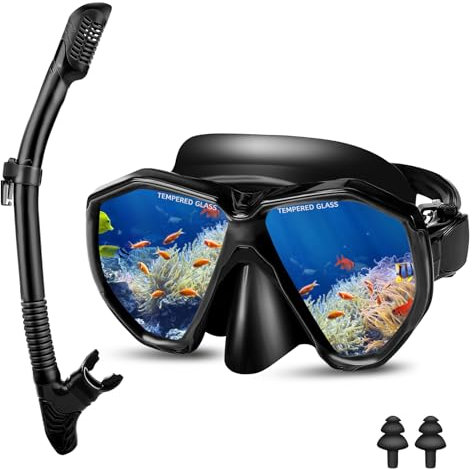 Farerkass Schnorchelset Erwachsene Mit Dry Schnorchel Und Anti-Fog Anti-Leck Schnorcheln Set, Taucherbrille wasserdichte Tauchmaske, Schnorchelmaske Taucherbrille FüR Herren Und Damen(Black)