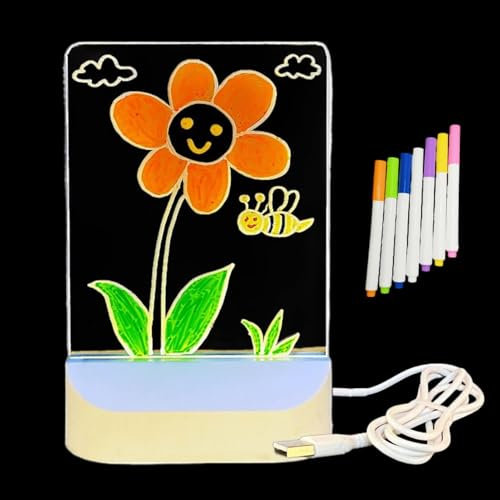 Tableau de messages lumineux en acrylique, tableau de notes LED avec couleurs - Planche à dessin LED 5 x 6,7 pouces | Tableau de notes réinscriptible, veilleuse avec 7 stylos pour l'école, la maison,