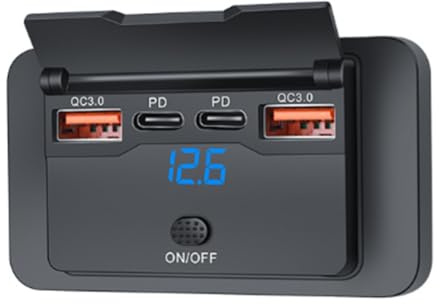 Asyduey 4 Porte 12V 108W Dual PD+Dual QC3.0 Caricabatterie USB con Voltmetro Digitale Interruttore Presa di Corrente Pannello Adattatore