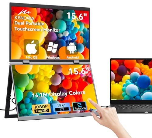 Kenowa Touchscreen Dual Tragbarer Monitor 15.6 Zoll Faltbarer Dual Bildschirm 100% sRGB,IPS Erweiterung Foldable Monitor mit Mini HDMI/USB-C/Lautsprecher für Laptop/PC/Telefon/Mac/PS4/Switch