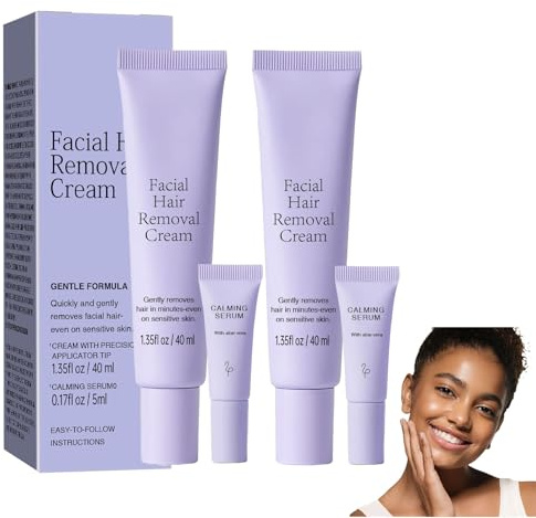 Haarentfernungscreme für empfindliche Haut im Gesicht und am Körper – Sanfte und schmerzlose Enthaarung für Frauen – Sicher für alle Hauttypen, enthält feuchtigkeitsspendendes Gesichtsserum (2pcs)