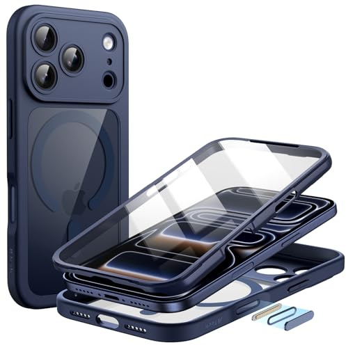 JETech Cover per iPhone 17 Pro 6,3 Pollici con Pellicola Protettiva Vetro Temperato Integrata e Pulsante Controllo Fotocamera, Compatibile con MagSafe, Custodia Protezione a 360 Gradi (Blu profondo)