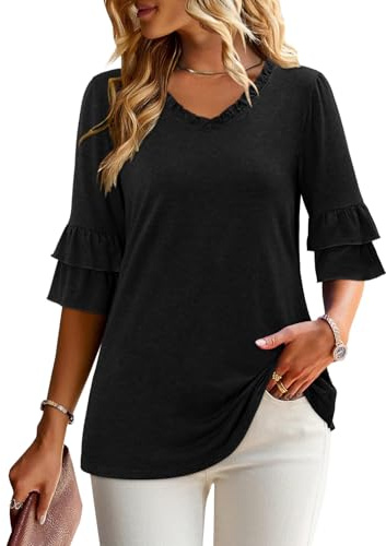 KISSMODA Womens Double Tiered Ruffle 3/4 Sleeves Blouses Loose Fit Casual Tunic Tops Dressy Trendy Summer Shirts for Leggings