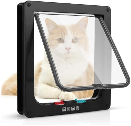 Cat Door Safety Pet Sliding Door Safety Pet Door with 4 Way Lock, Weatherproof Cat Flap for Interior Exterior Door Window Wall Two-Way Entry & Exit Cat Door Dog Flap -Black, L 21 cm x 19.5cm