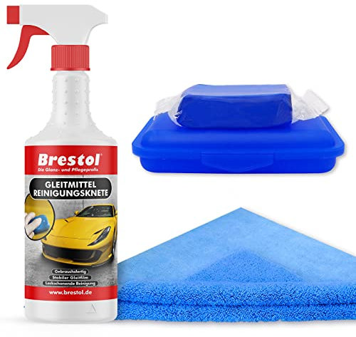 Brestol® Reinigungsknete Set1 200 g Knete blau + Box + 750 ml Spezial GLEITMITTEL + Poliertuch - Polierknete Lackknete Clay-Bar Auto-Lack-Knete - entfernt Baumharz Insekten u.v.m.