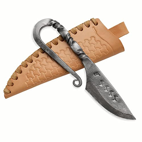 Toferner Couteau à lame fixe de Couteau en acier Celtic - forgé à la main - Lame pointue ultra-tranchante - Étui en cuir authentique inclus