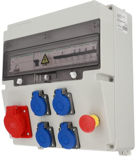 EDO Coffret Électrique de Chantier de Compatible ASTAT 398 Standard Plus IP65 Distributeur de Courant Électrique avec Disjoncteur 16A/5P, 4x200/250V IP44 Déclencheur iMX Répartiteur Extérieur